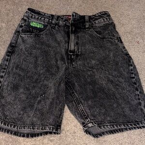 Empyre Black Acid Wash Denim Shorts with Green Logo